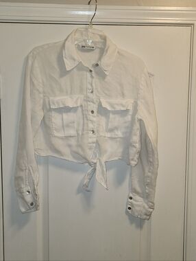 Zara White Long Sleeve Button Up Tie-Front Crop Top Sz M 100% Linen